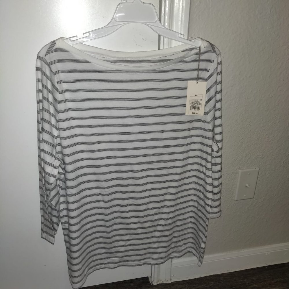 Women's Striped Slim Fit Long Sleeve Boat Neck T-S - Picture 2 of 4